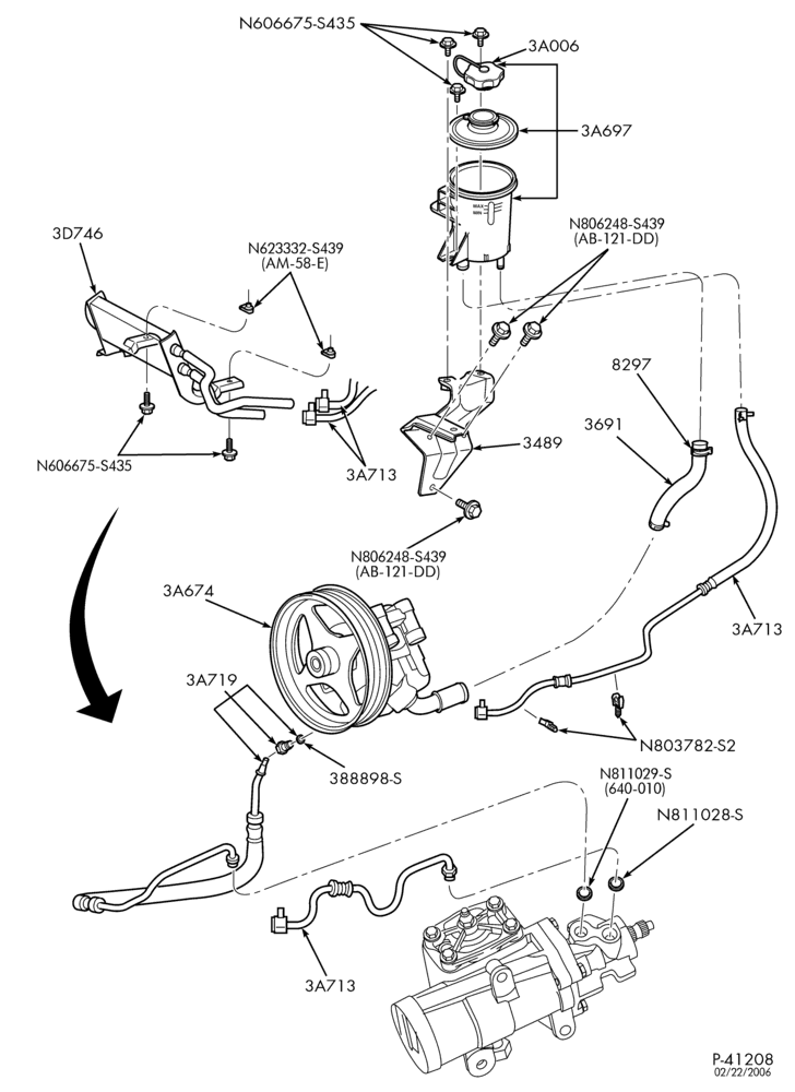 Схема STEERING-Power steering system - Pump installation - 6 cyl. 4.2L-F150