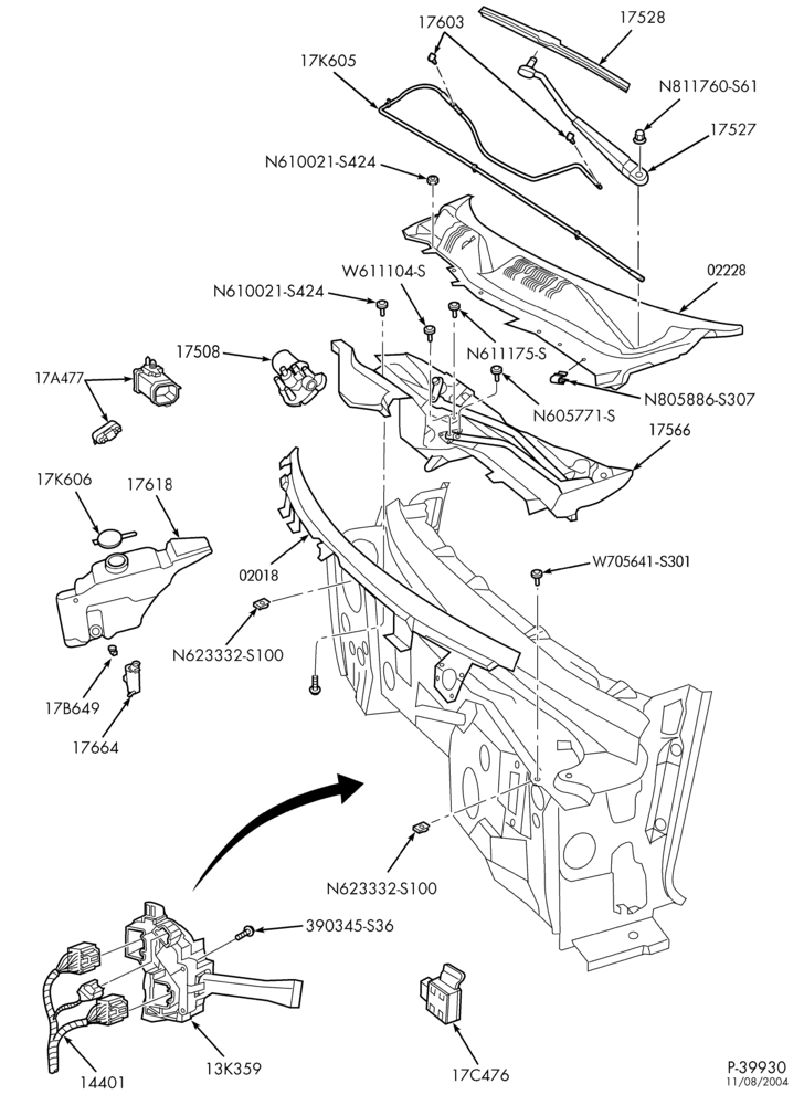 Схема SPEEDOMETER, BUMPERS, MIRRORS AND WIPERS-Windshield wiper, washer & motor
