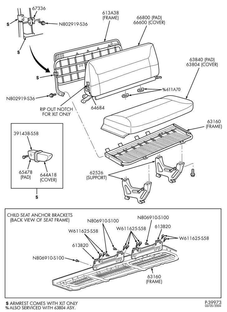 Схема SEATS AND SEAT BELTS-Rear seat parts - 3 passenger bench seat-E150/450