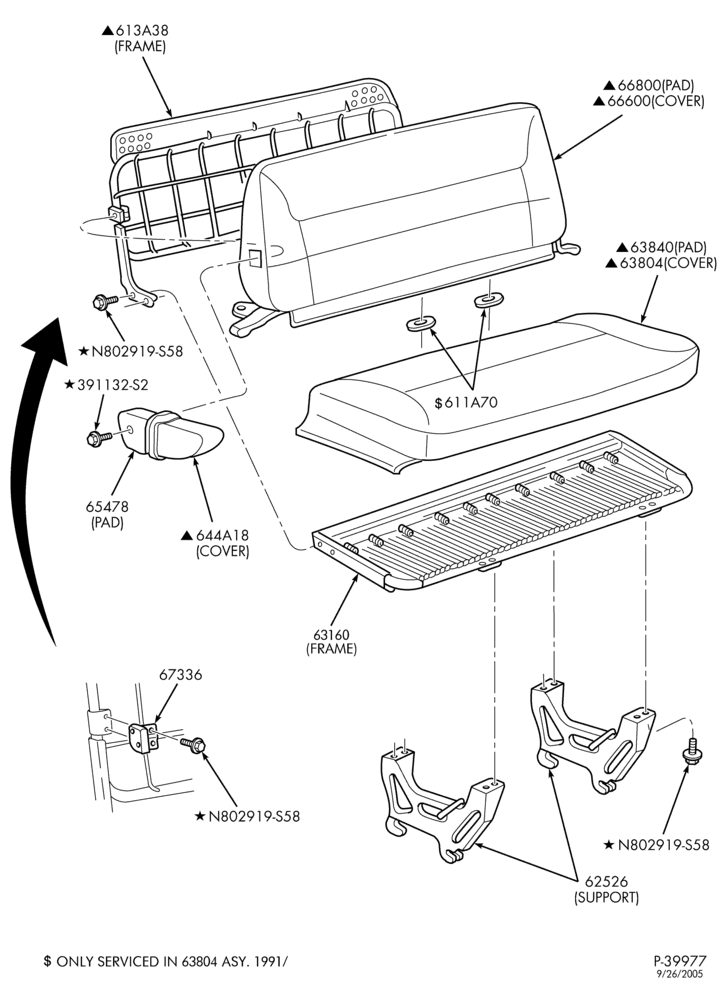 Схема SEATS AND SEAT BELTS-Rear seat parts - 4 passenger bench seat-E150/450