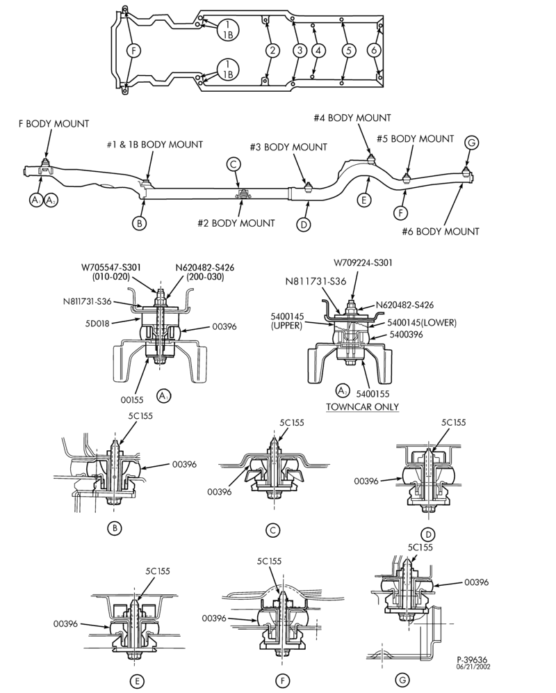 Схема BODY BOLT CHART 2002 - FORD, MERCURY AND TOWN CAR
