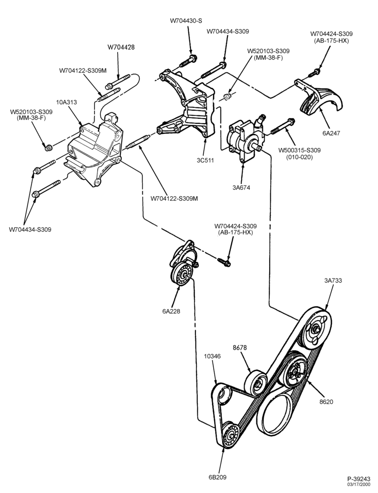 Схема FRONT SUSPENSION AND STEERING-Power steering system - Pump installation - 4 cyl. 2.0L