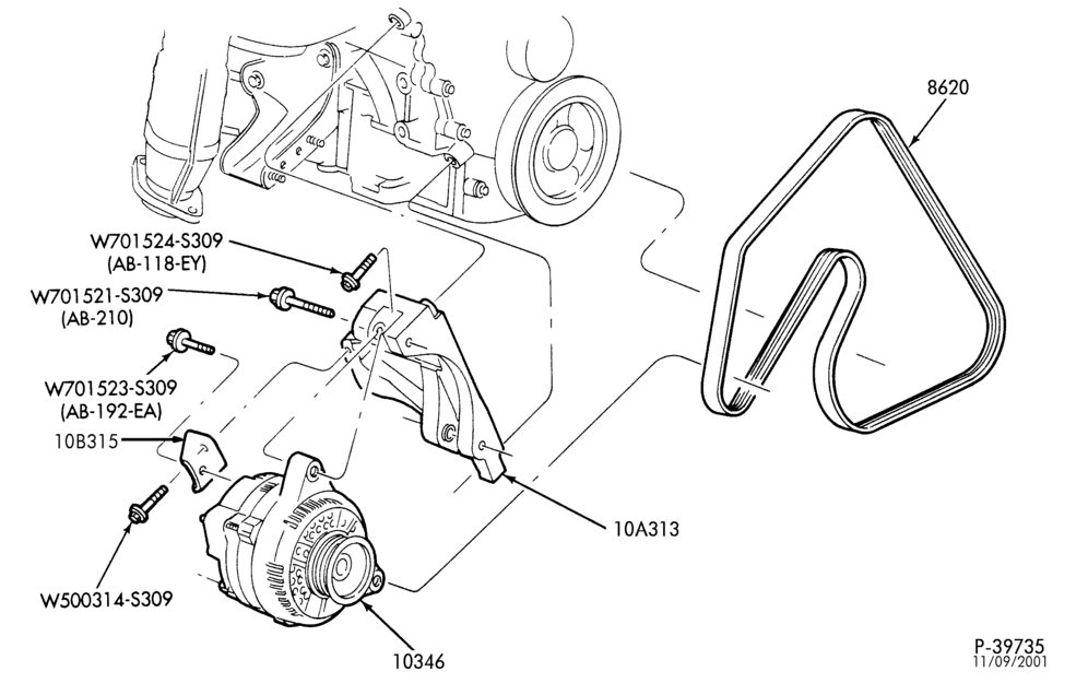 Схема DISTRIBUTOR AND IGNITION SYSTEM-Alternator mounting brackets - 4 cyl. 2.0L - ""After 2/9/98''