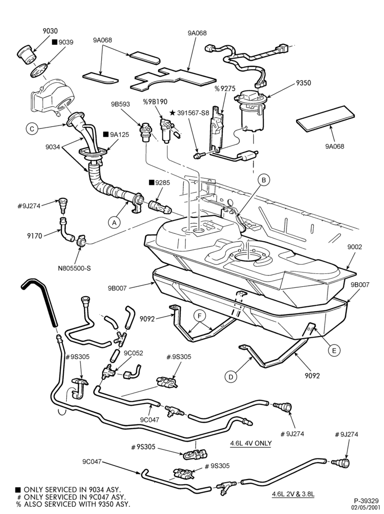 Схема 8 CYL. 4.6L-Fuel system - tank installation - Non Calif. emis. - Page A