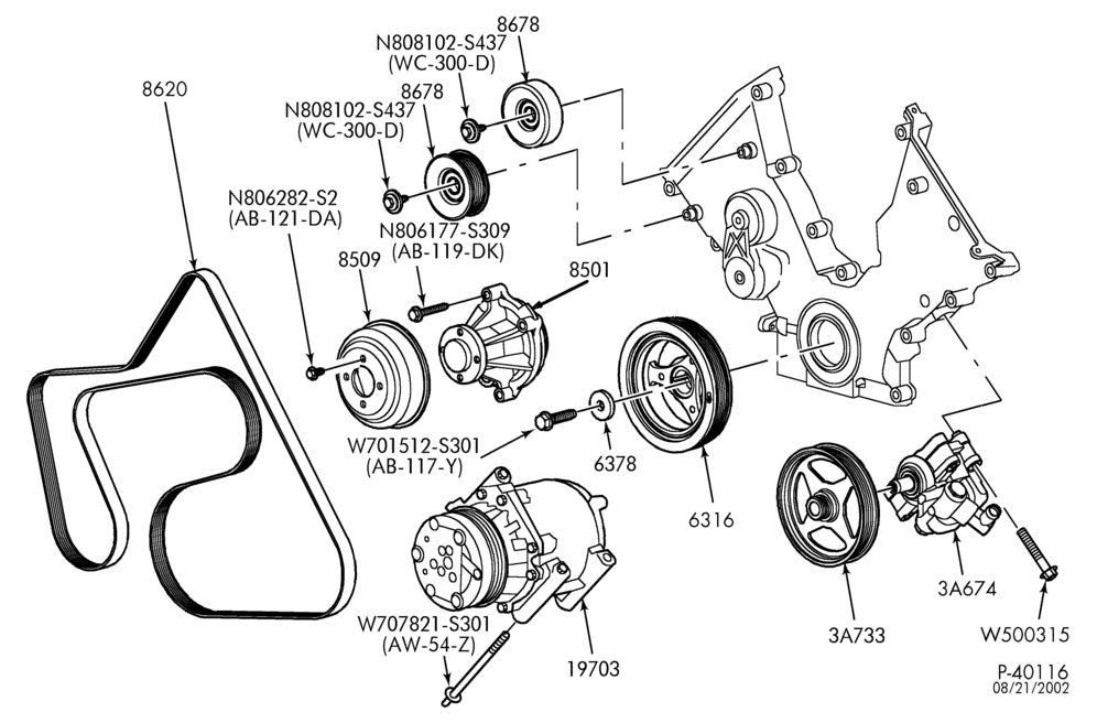 Схема 8-цил. 4,6 л - 4V-Pulleys, brackets & tensioners - Marauder - MA