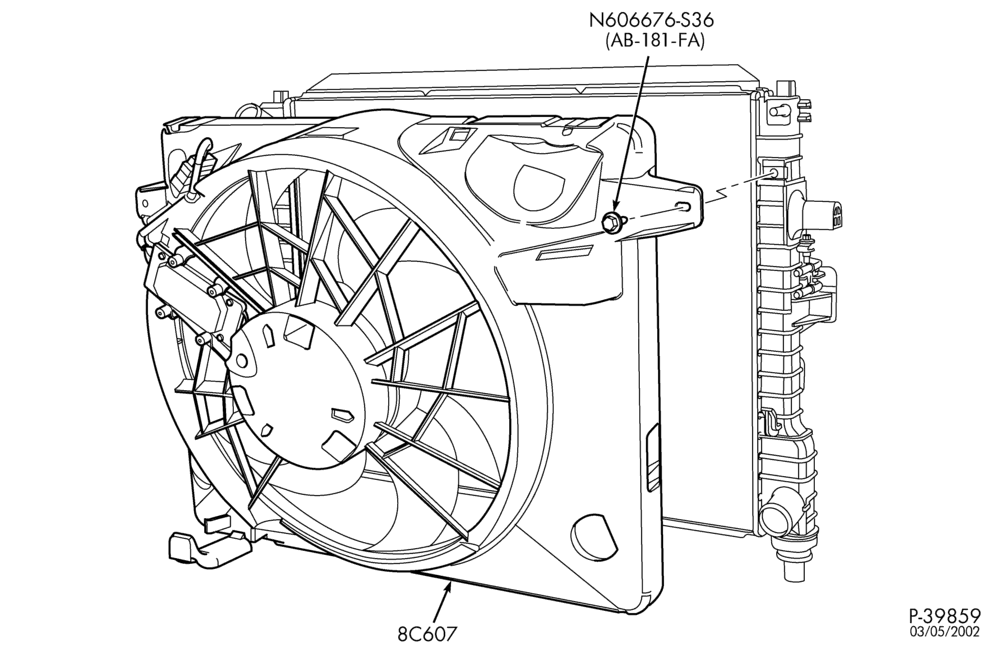 Схема Радиатор, GRILL AND COOLING-Cooling system - 8 cyl. 4.6L - fan - radiator mounted