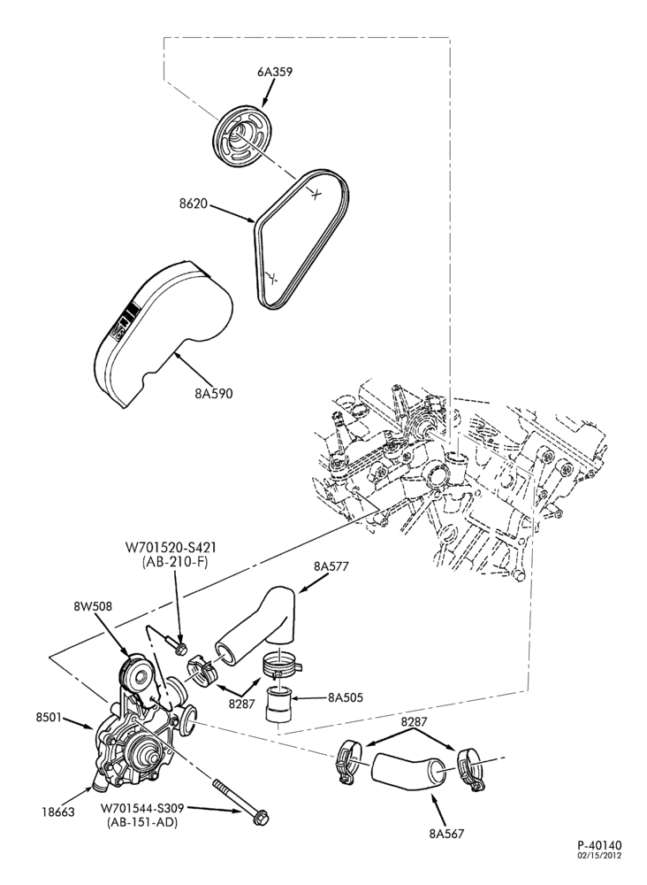Схема Радиатор, решётка, охлаждение — Водяной насос — 6-цил. 3,0 л - DOHC