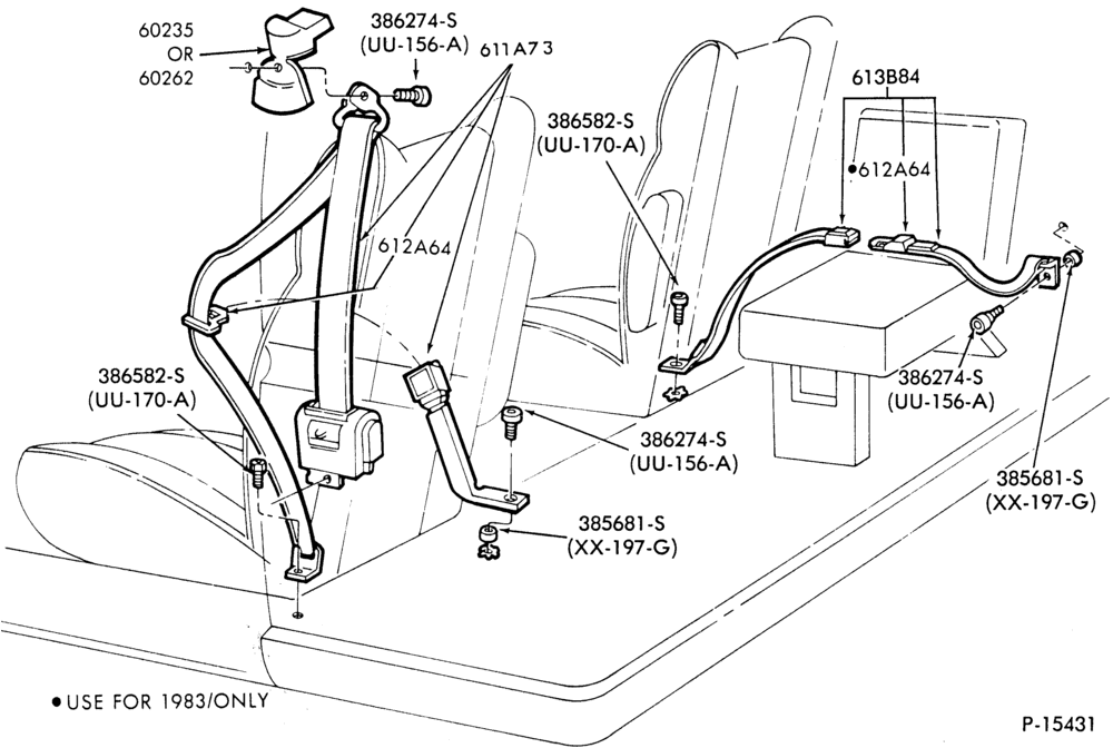 Схема SEAT BELTS-Seat belt installation- w/shoulder harness-w/center facing rear seat-exc. bench-F100/350(Super Cab)