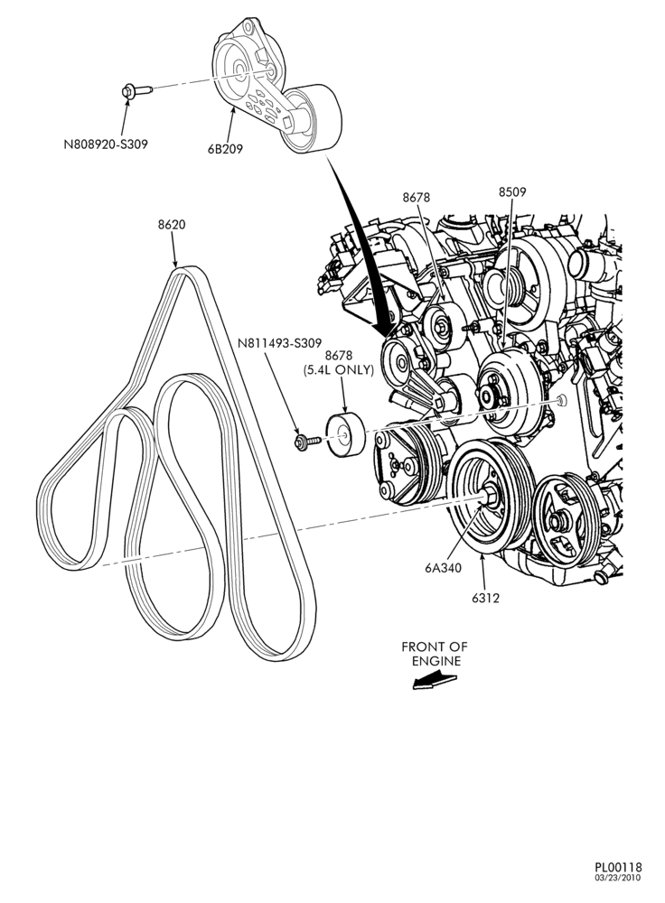 Схема Радиатор, GRILL AND COOLING-Front end accessory drive - 8 cyl. 5.4L & 10 cyl. 6.8L-E250/450