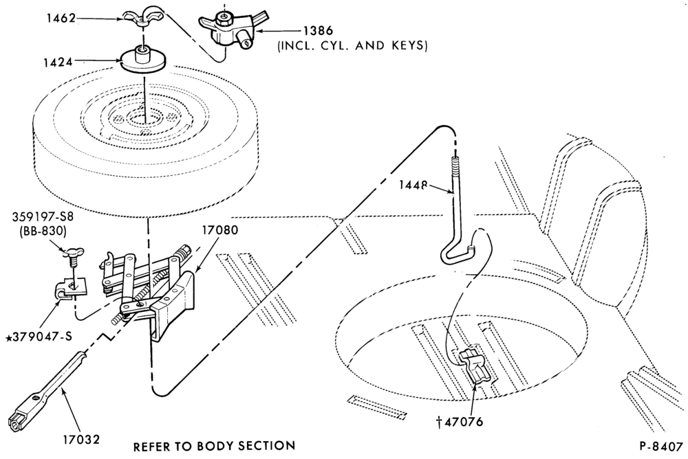 Схема SPEEDOMETER, BUMPERS, MIRRORS AND WIPERS-Jack and spare wheel parts