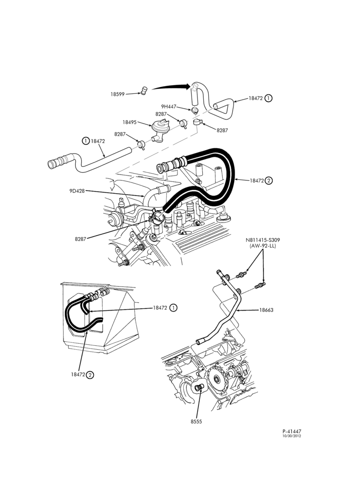 Схема HEATERS-Heater hose installation - without auxiliary a/c & heat - 8 cyl. 5.4L-L1