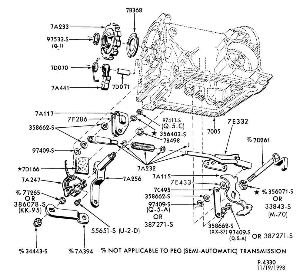 Схема C4 TYPE TRANSMISSION-Parking pawl, linkage and manual control-F100