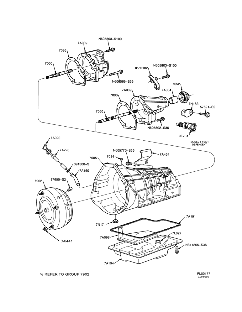 Схема E4OD TYPE TRANSMISSION-INTERNAL PARTS - Case, converter assembly, extension-F150/250