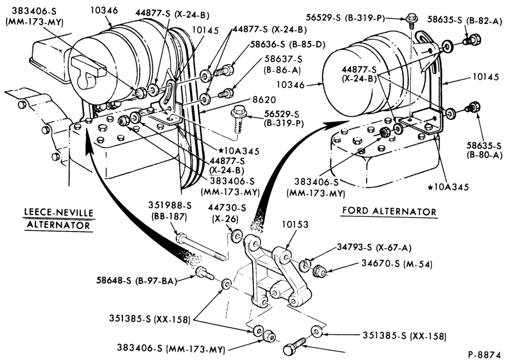 Схема ALTERNATOR MOUNTING PARTS-L-LN-LNT-LT900-6 cyl. 426 (6-71) Detroit diesel