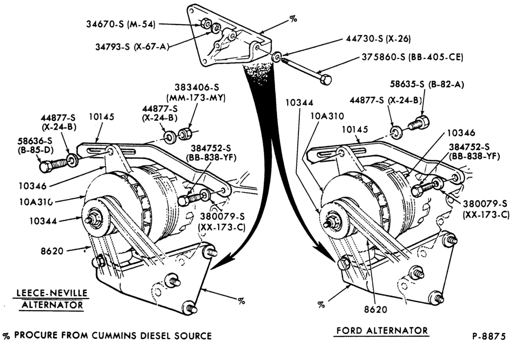 Схема ALTERNATOR MOUNTING PARTS-L-LA-LL-LN-LNT-LS-LT-LTA-LTL-LTS900-6 cyl. 610 (10.0L) & 855 (14.0L) Cum. diesel- Leece Neville and Ford
