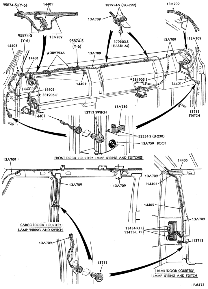 Схема LAMPS-Courtesy lamp wiring, switches and related parts-E100/350
