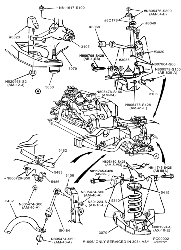 Схема FRONT SUSPENSION-Arms, shock absorbers, spindles, springs and stabilizer