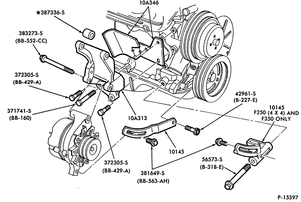 Схема ALTERNATORS-Alternator mounting brackets - E-F100/350 and U150-6 cyl. 300 (4.9L)-w/o E.F.I.