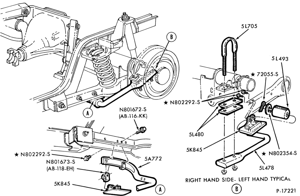 Схема FRONT SPRING AND STABILIZERS-REAR STABILIZER BAR and TRACTION BAR - 8 cyl. 302 (5.0L)