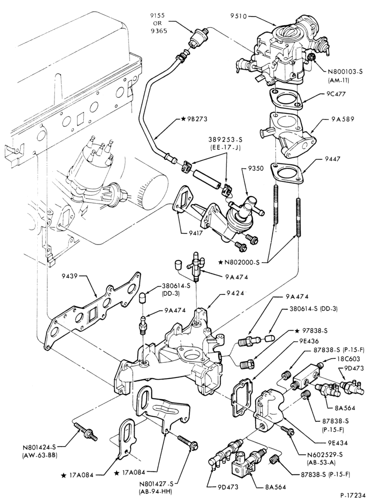 Схема 4 CYL. 1983/88 2.0L (122 C.I.D.) AND 2.3L (140 C.I.D.) - GAS-Engine parts- intake manifold-exc. E.F.I.