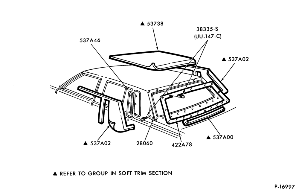 Схема LIFT/TAILGATE, LUGGAGE & BACK WINDOW-Roof pads and related parts- w/half vinyl roof