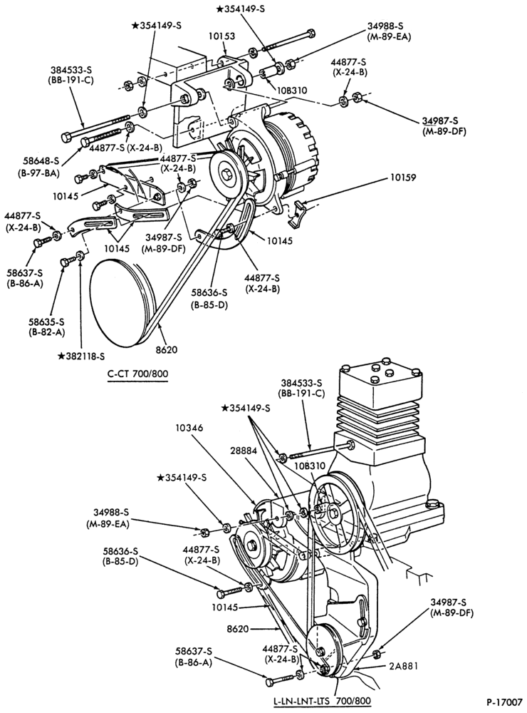 Схема ALTERNATOR MOUNTING PARTS-B-C-CT-F-FT-L-LN-LNT-LTS700/900-8 cyl. 636 Cat. diesel