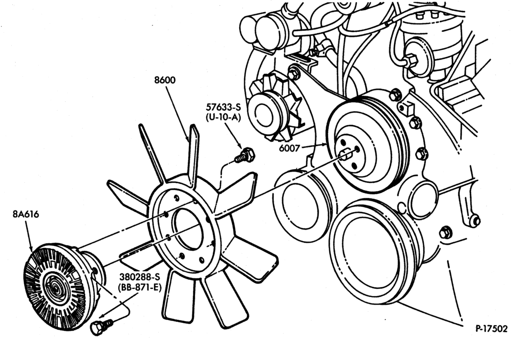 Схема COOLING FAN, CLUTCH AND RELATED PARTS-351M (5.8L), 351W (5.8L) and 400 (6.6L)- 8 cyl. 420 (6.9L) and 446 (7.3L) diesel-F250/350,F(Super Duty)