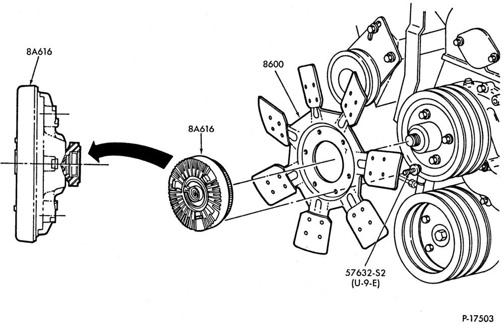 Схема COOLING FAN, CLUTCH AND RELATED PARTS-351M (5.8L), 351W (5.8L) and 400 (6.6L)- 8 cyl. 460 (7.5L)-F250/350
