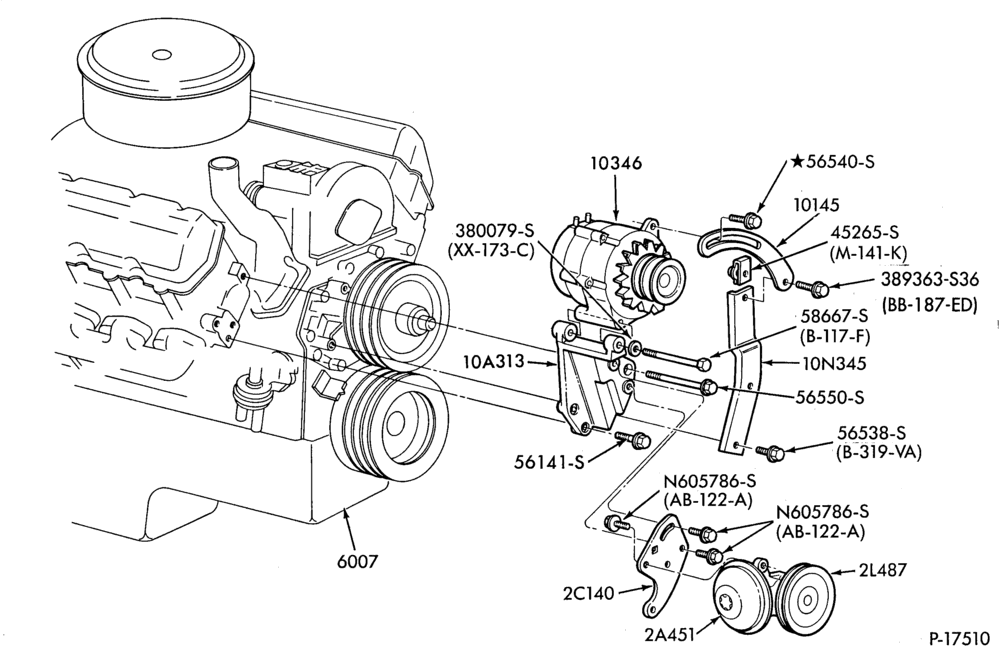 Схема ALTERNATORS-Alternator and vacuum pump brackets- E250/350-8 cyl. 420 (6.9L) & 446 (7.3L) Diesel