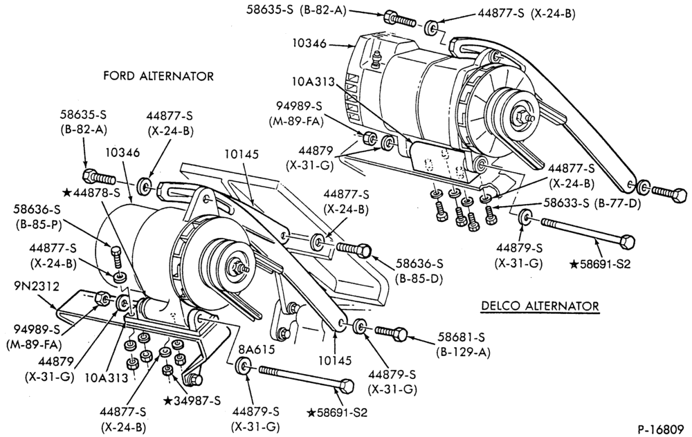 Схема ALTERNATOR MOUNTING PARTS-L-LL-LN-LNT-LS-LT-LTL-LTS900-6 cyl. 893 Cat. diesel-Delco and Ford