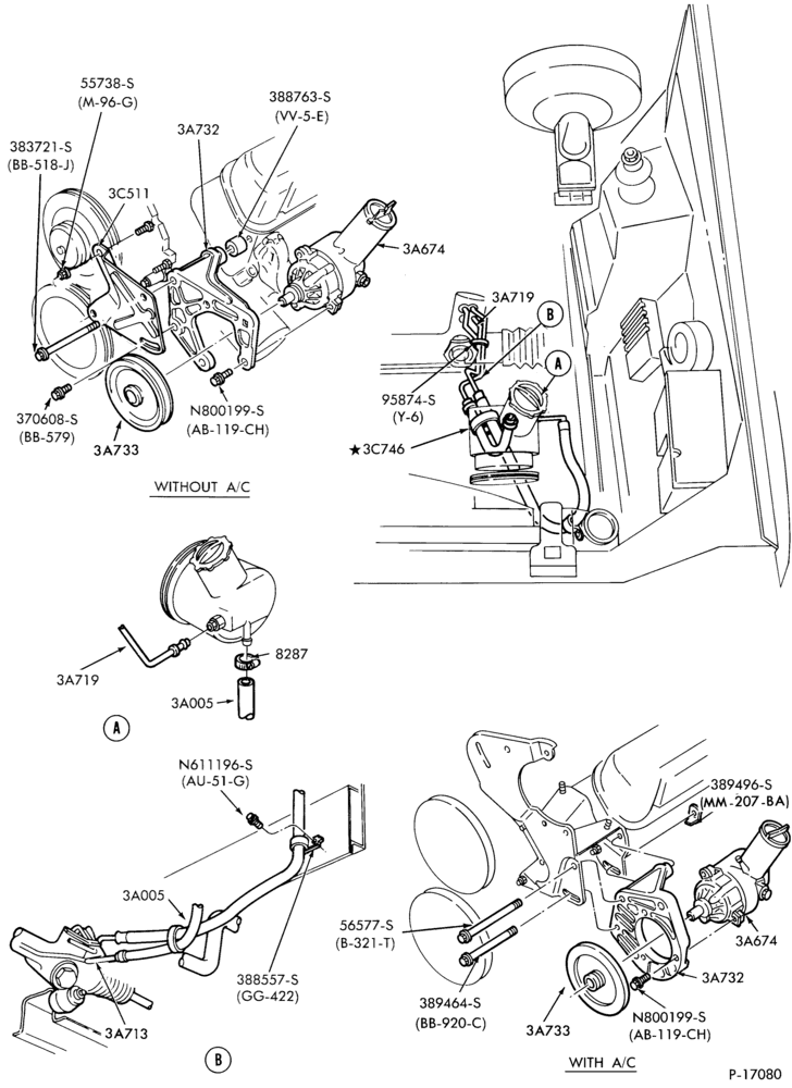 Схема STEERING-Pump installation - 8 cyl. 302 (5.0L)-(w/o oil cooler)