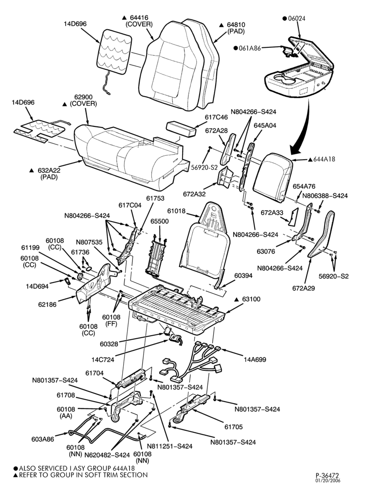 Схема SEATS AND SEAT BELTS-Front seat - 60/40 split bench - 60% seat - Regular Cab - ""From 10/25/00''-F150