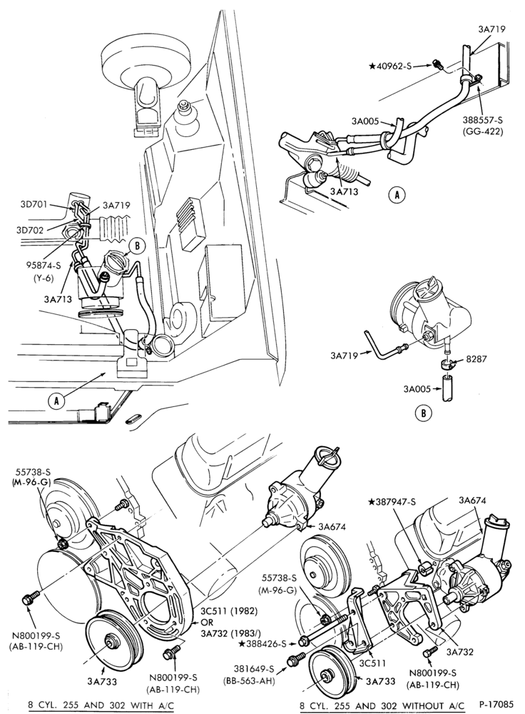Схема STEERING-Pump installation   - 8 cyl. 255 and 302- (w/o oil cooler)