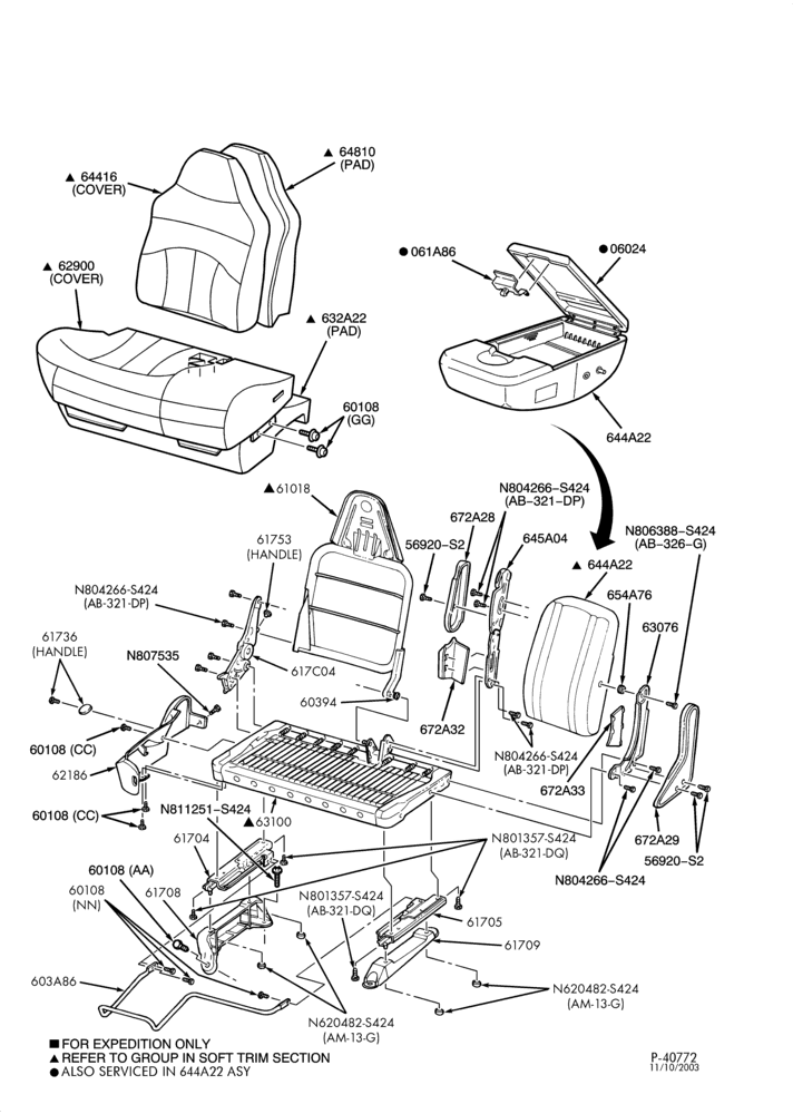 Схема SEATS AND SEAT BELTS-Front seat - 60/40 split bench - 60% seat - ""Before 10/25/00''-F150