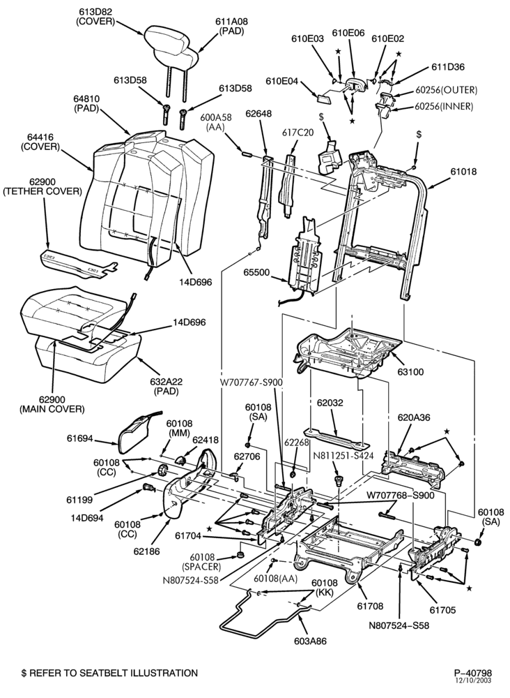 Схема SEATS AND SEAT BELTS-Front seat - captain's chair - passenger seat - SuperCab - ""From 06/03/02''-F150