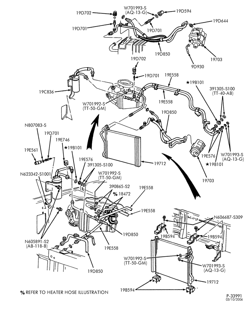 Схема AIR CONDITIONING-Air conditioning hoses, condenser & related parts - with aux. a/c - 6 cyl. 4.2L-E150/350