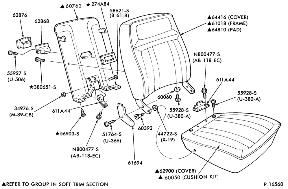 Схема SEATS AND SEAT BELTS-Front seat parts - bucket - upper half - body types 54 and 74