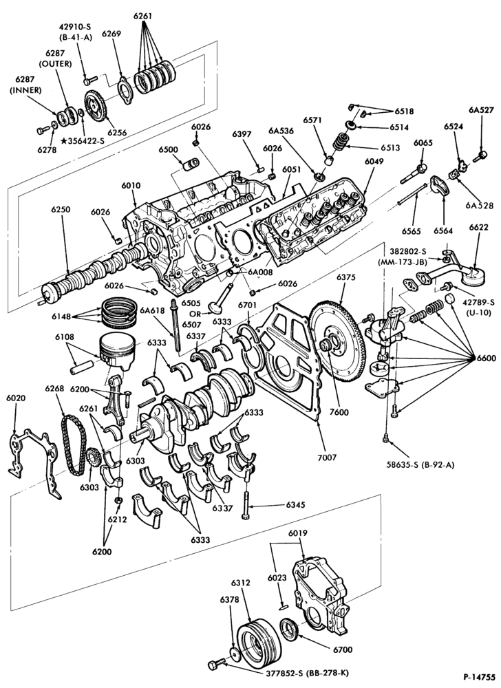 Схема 8 CYL. 6.1L AND 7.0L (370 AND 429 C.I.D.) GAS-CYLINDER BLOCK AND RELATED PARTS- internal
