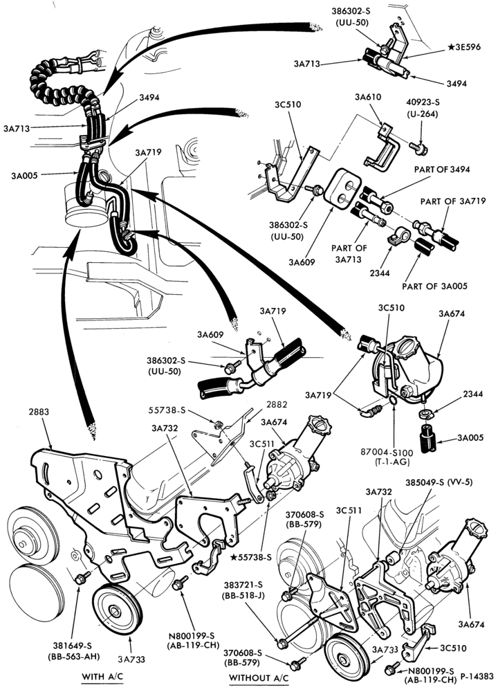 Схема STEERING-Power steering system - Hose and pump installation- 8 cyl. 255 and 302