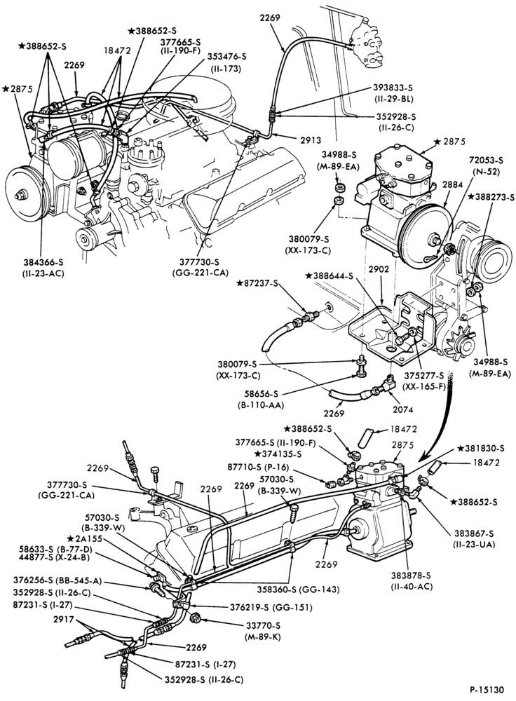 Схема BRAKE SYSTEMS - AIR-Air brake compressor installation-8 cyl. 370 and 429 Gas (1987/)-6 cyl. 401 (6.6L) and-B700