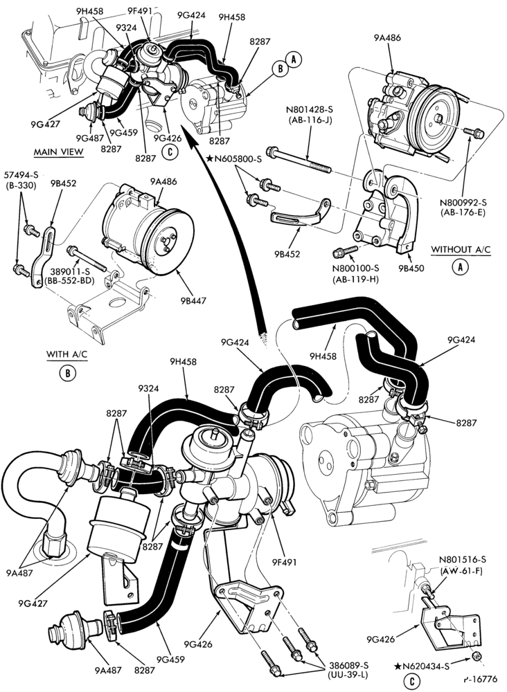 Схема 4 CYL. 2.3L (140 C.I.D.) - EXC. TC (TURBO)-Thermactor emission (T/E)- with dual outlet air pump