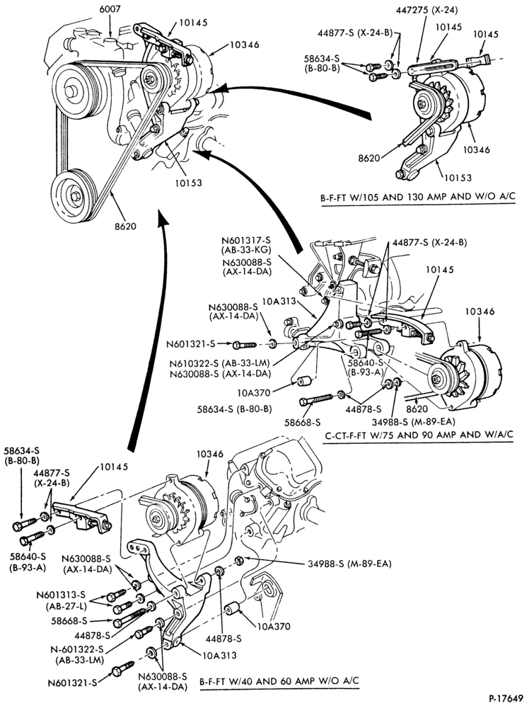Схема ALTERNATOR MOUNTING PARTS-B-C-CT-F-FT600/900-8 cyl. 501 (990) Detroit diesel - Ford