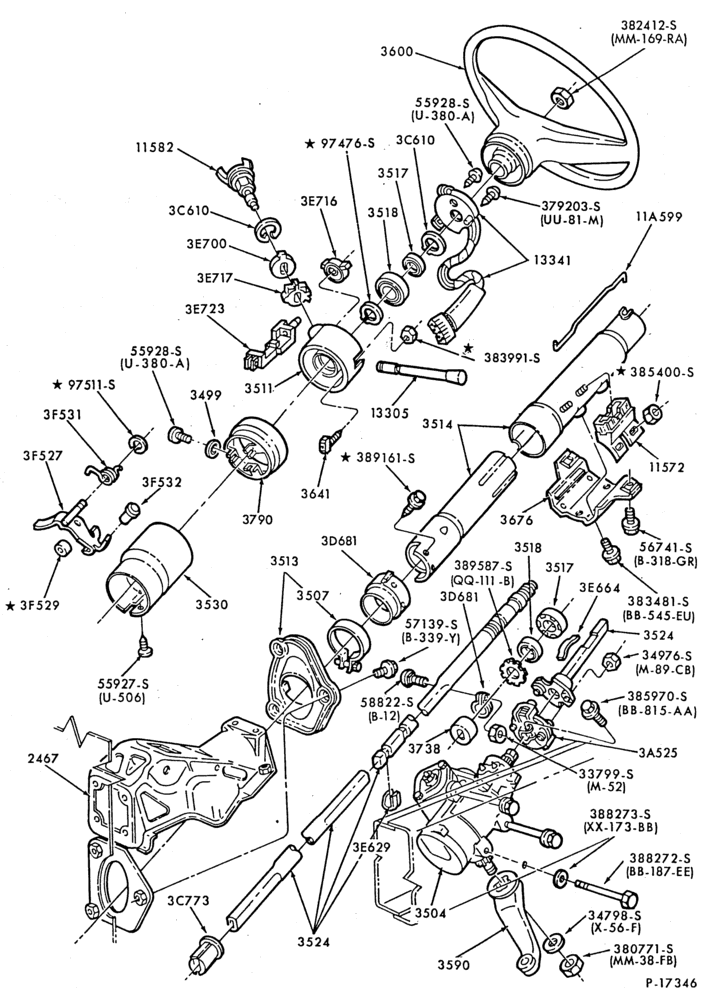 Схема STEERING-Steering column - Automatic trans.  - Floor shift - (1980/81)- (1982/) - fixed wheel-E100/350