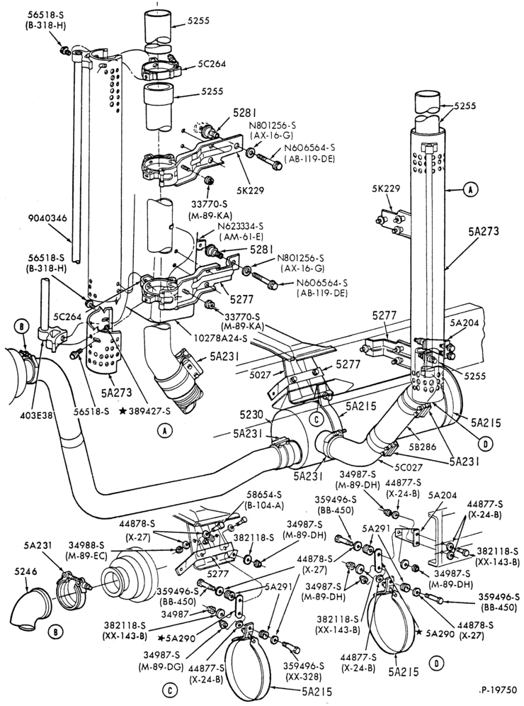 Схема EXHAUST SYSTEM-6 cyl. 401 (6.6L) and 474 (7.8L) Diesel- Single - B/T 81 (Cab) - Vertical exhaust-F-FT700/900