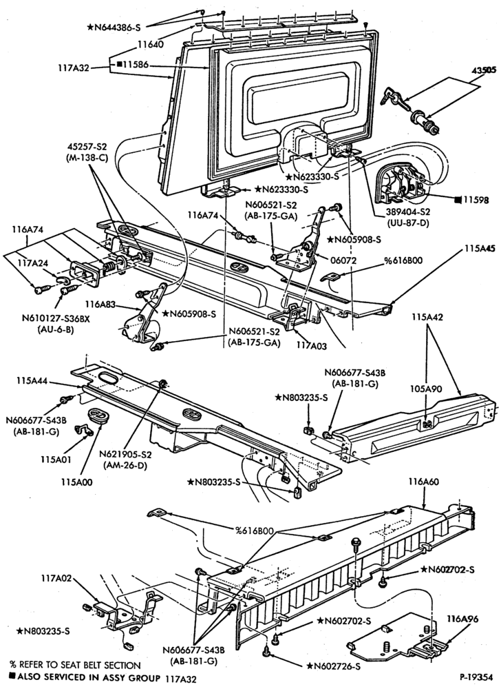 Схема SEATS AND SEAT BELTS-Rear storage compartment - B/T 74 - w/ third seat