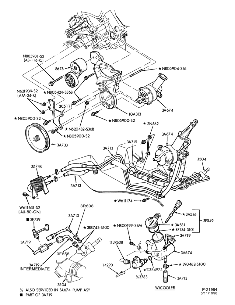 Схема STEERING-Power steering system - Pump installation - 6 cyl. 3.8L - w/oil cooler