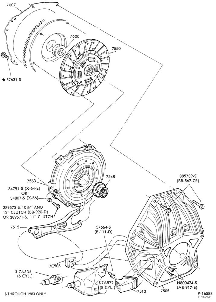 Схема EXTERNAL PARTS-Clutch disc, pressure plate and housing-(1980/87)-6 cyl. 230 (3.8L)-F100/350