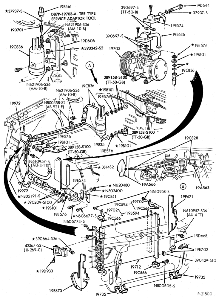 Схема AIR CONDITIONER-Engine Compartment Condenser & Hoses - integral- 6 cyl. 230 (3.8L)
