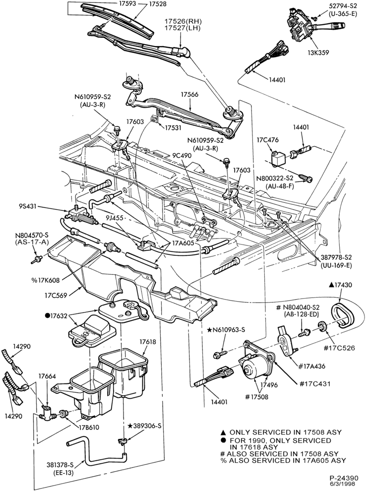 Схема SPEEDOMETER, BUMPERS, MIRRORS AND WIPERS-Windshield wiper & washer - exc. SHO