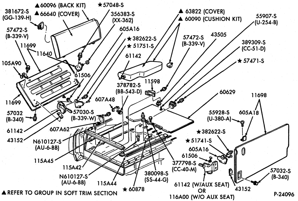 Схема SEATS AND SEAT BELTS-Auxiliary seat, storage compartment and related parts  body type 74- seat parts